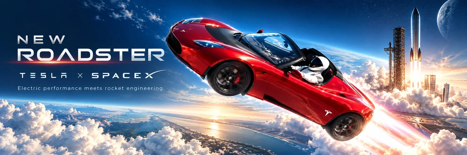 Illustration of a red Roadster flying above clouds, with a helmeted driver and a rocket in the background.