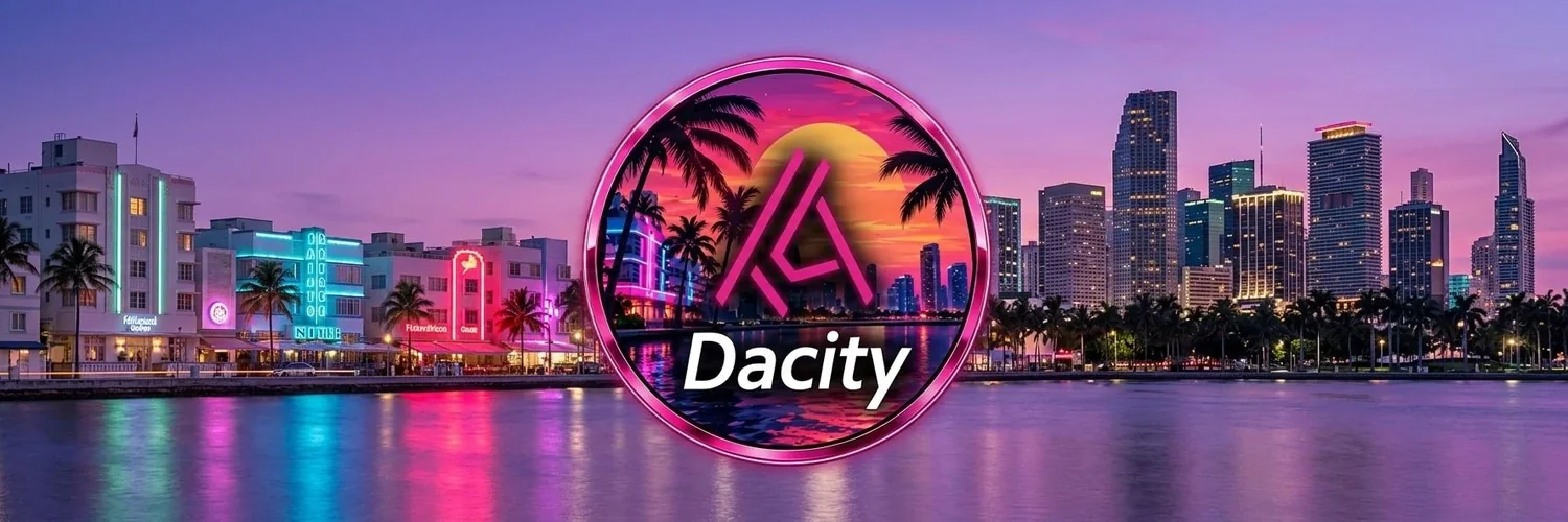Pink and purple Dacity logo against a waterfront lined with palm trees and illuminated buildings.