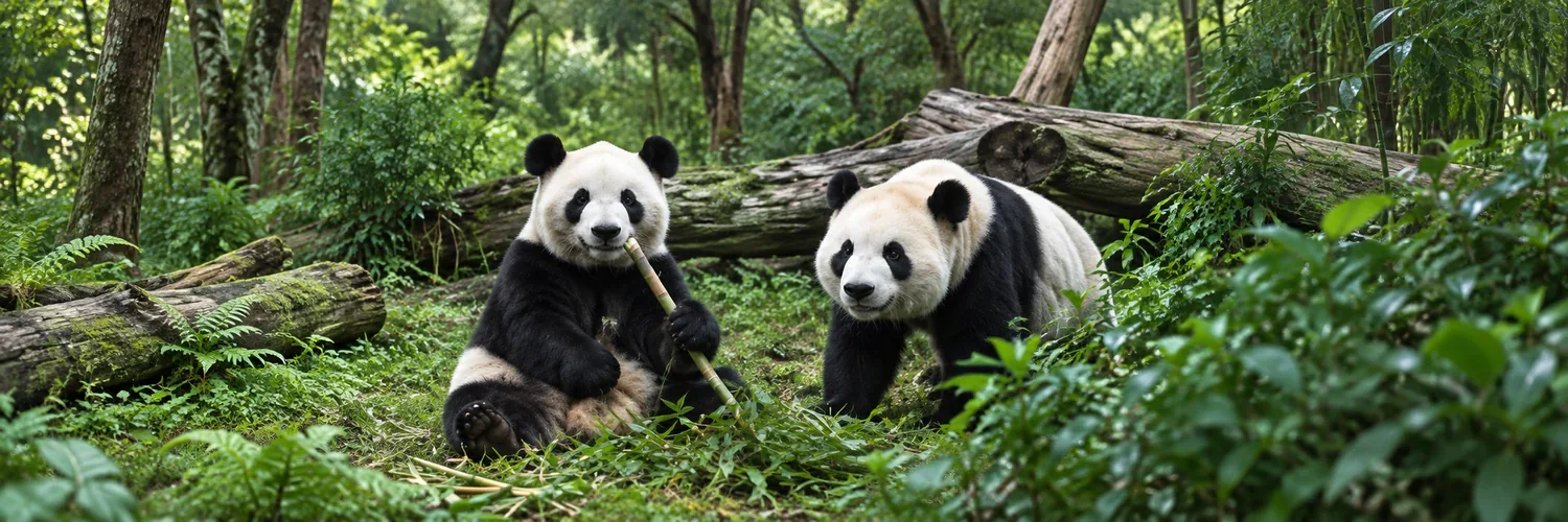Illustration of two pandas in a lush forest, one seated with bamboo and the other beside it.