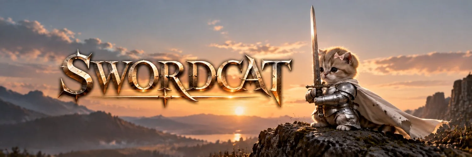 Armoured kitten with a pink bow, sword and cape on a rock at sunset beside the Swordcat title.