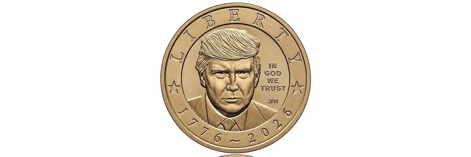 Gold-coloured coin with Donald Trump’s portrait against a white background, bearing Liberty and the dates 1776–2026.