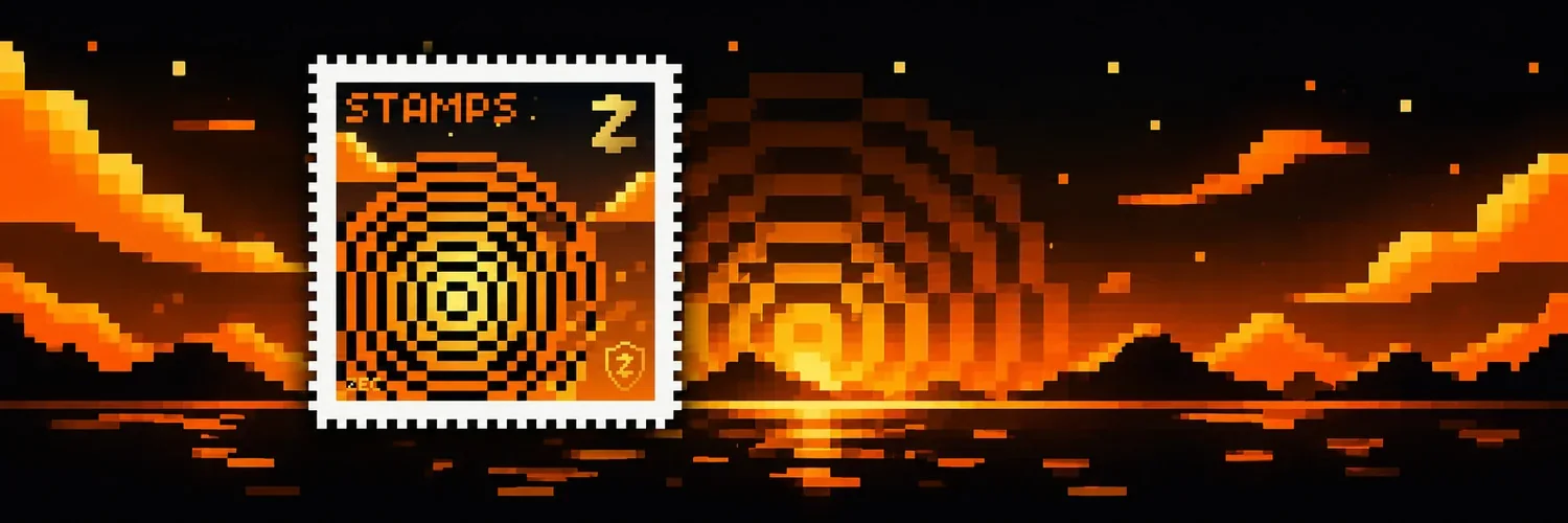 Timbre blanc marqué STAMPS devant un paysage noir et orange en pixel art.