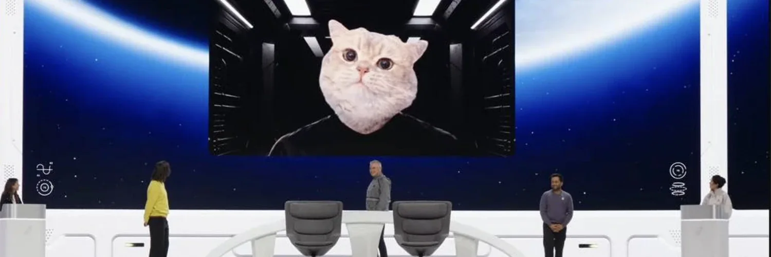 Une tête de chat crème sur le corps du commandant apparaît sur un écran géant, face à l’équipage du vaisseau Robinhood.