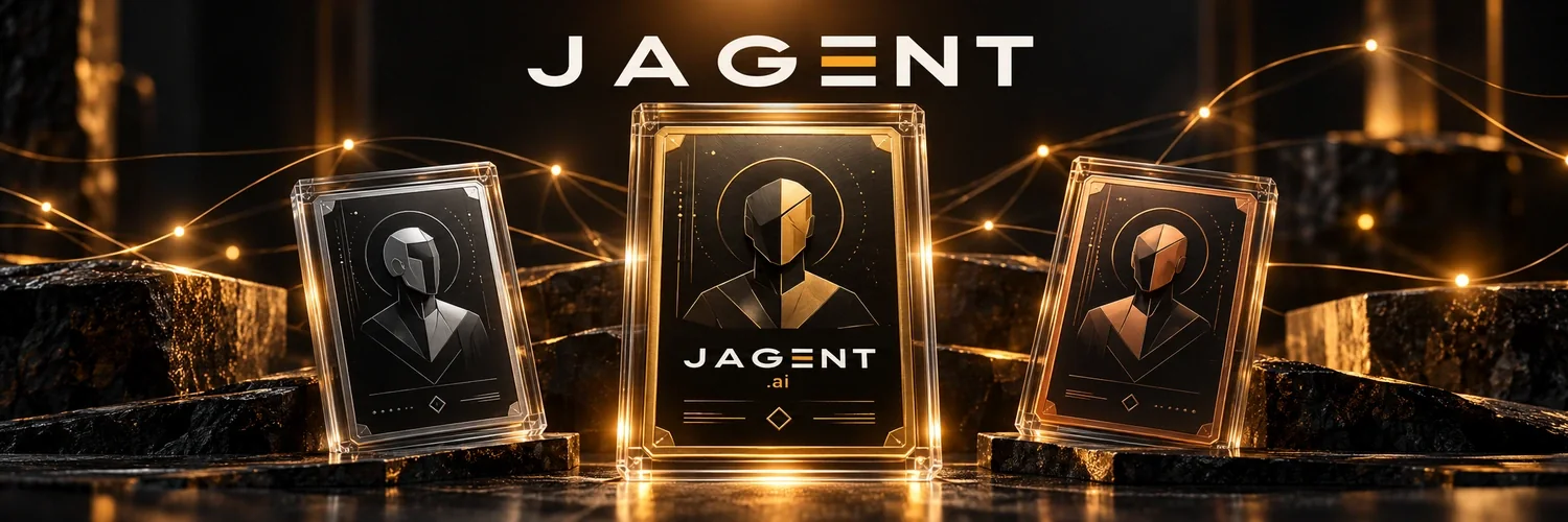 Illustration de trois cartes de collection JAGENT en métal bronze, argent et or, reliées par de fines lignes lumineuses sur fond noir.