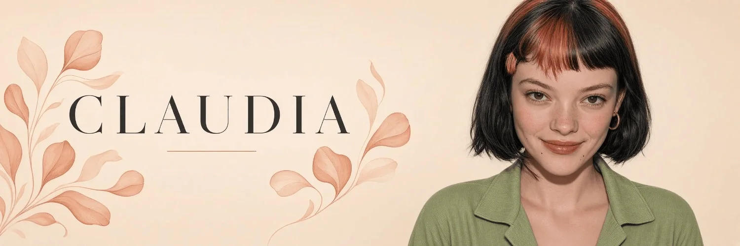 Portrait de Claudia aux cheveux courts noirs et roux, veste verte, avec son nom et des feuilles sur fond crème.