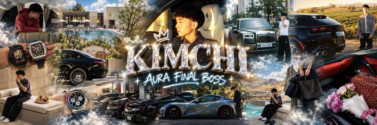 Collage promotionnel Kimchi Aura Final Boss, avec portraits, voitures de luxe, montres et villas.