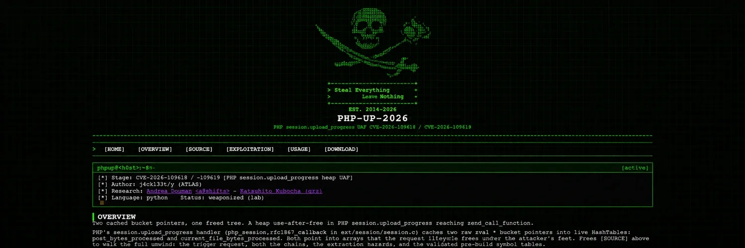 Bannière noire et verte PHP-UP-2026, avec crâne en caractères, sabres croisés et interface de terminal.