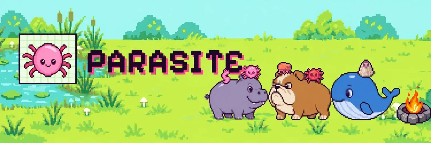 Petit parasite rose, hippopotame, chien et baleine dans une prairie en pixel art.