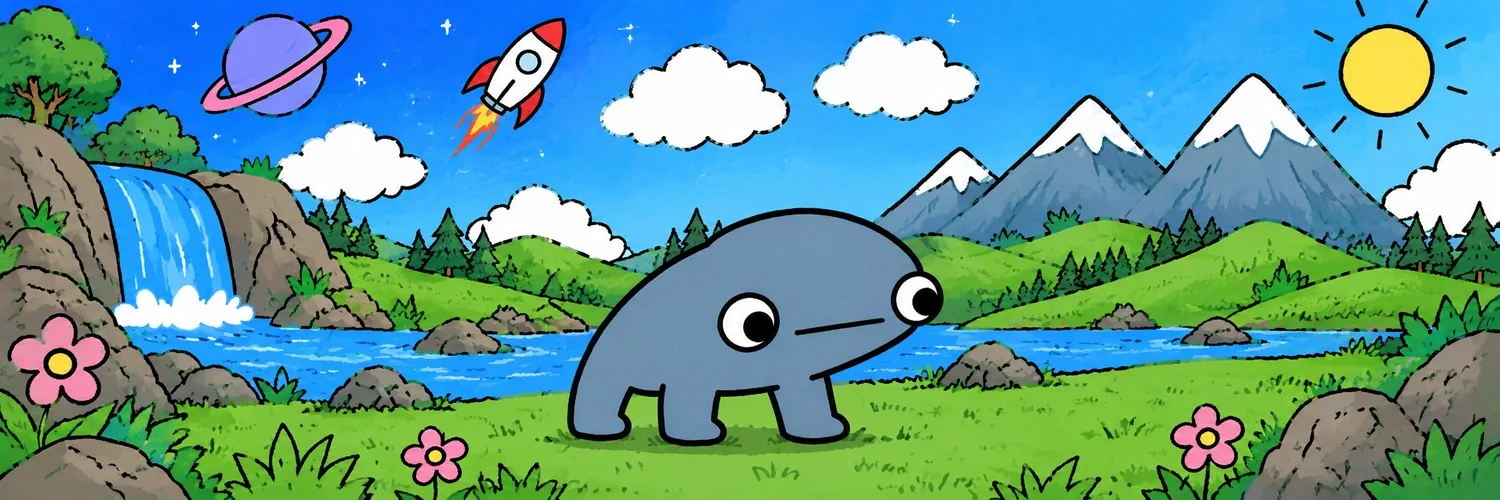 Frongus, créature gris-bleu aux grands yeux, dans un paysage dessiné avec rivière, fleurs, montagnes et fusée.