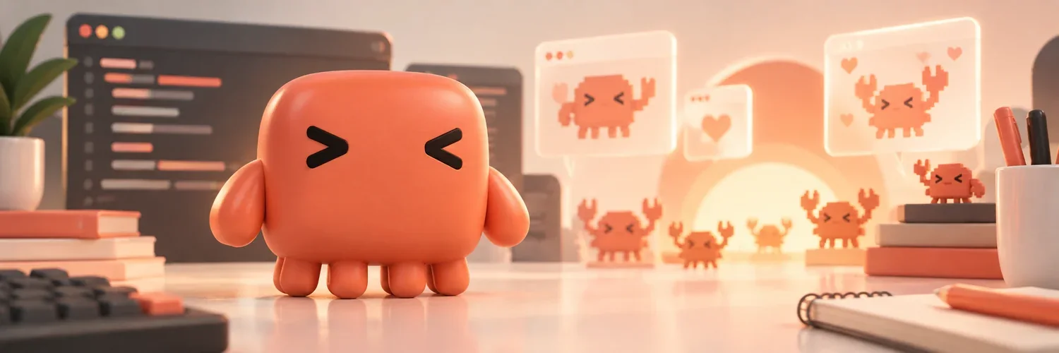 Small orange mascot with chevron eyes on a desk in front of code windows and pixel crabs.