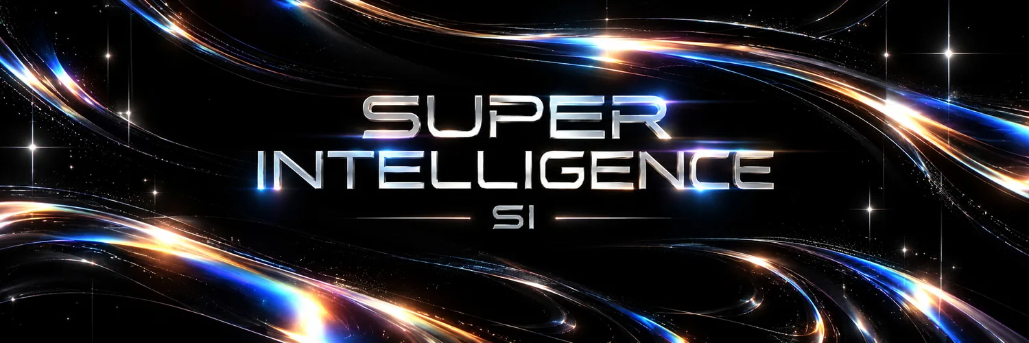 Super Intelligence and the SI ticker in silver letters, surrounded by blue and gold light trails on black.