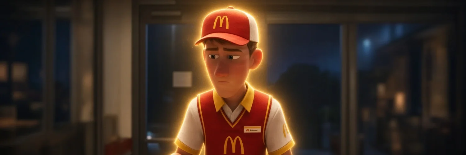 Animated character wearing a red cap and a fast-food uniform, lit by a golden halo.