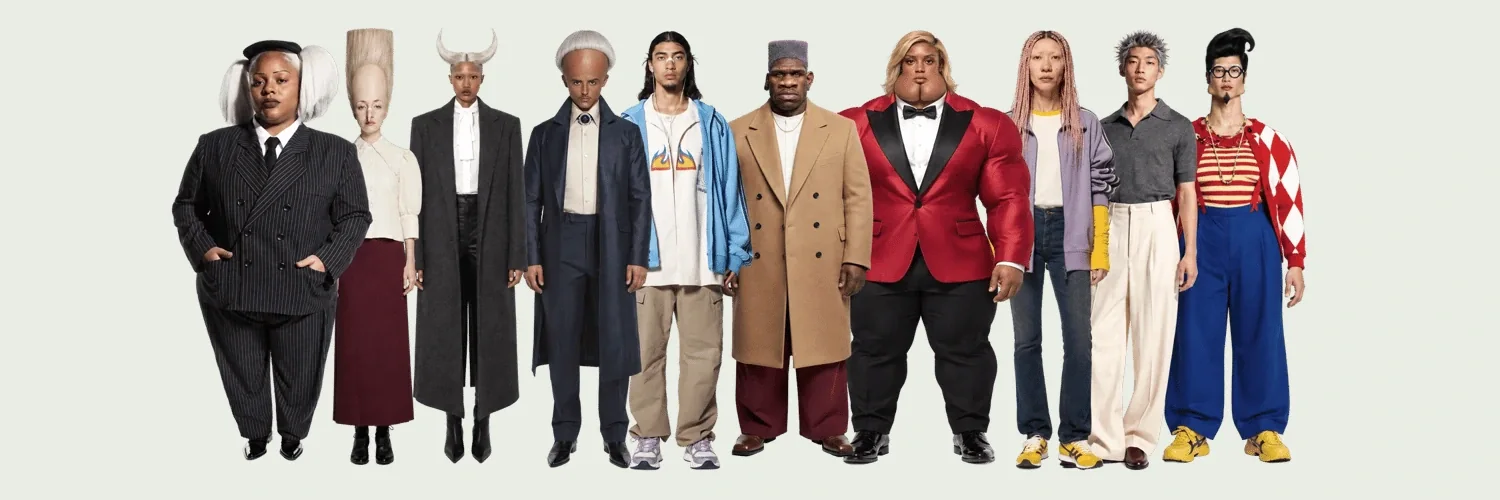 Dix personnages IA aux vêtements et aux coiffures extravagants, alignés comme un casting.
