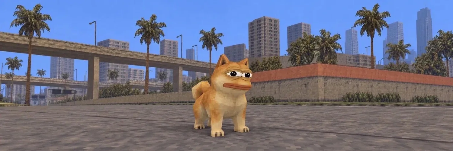 Golden dog with Pepe’s face in an urban square surrounded by palms and tower blocks.