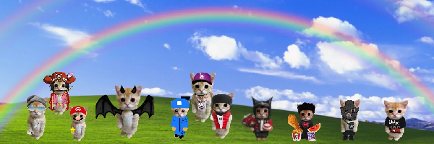 Costumed versions of the little El Gato cat standing on a green hill beneath a blue sky and a rainbow.