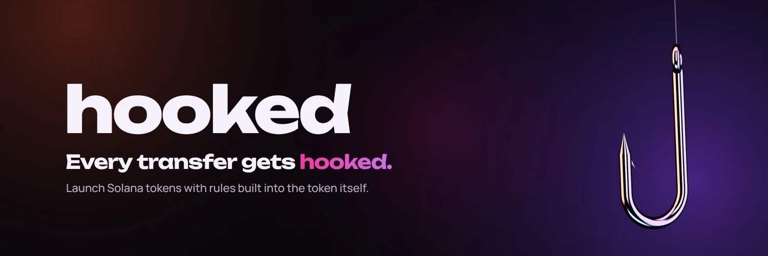 Hooked banner on black and violet, with white and pink lettering and a chrome fishhook.