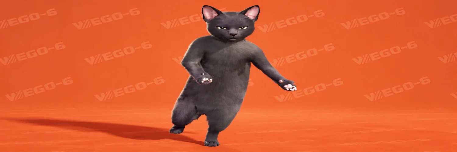 Chat virtuel sombre debout devant un décor orange marqué WE GO-6.