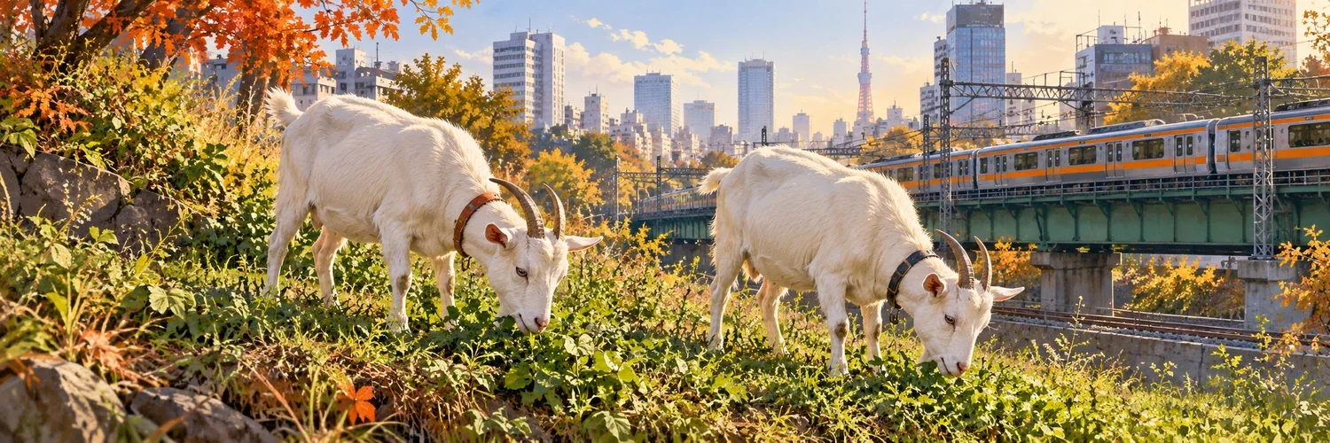 Illustration de deux chèvres blanches broutant près d’une voie ferrée à Tokyo.