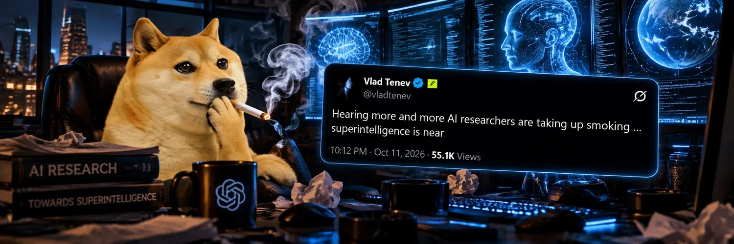 Shiba holding a cigarette before AI screens and a reproduction of Vlad Tenev’s post.