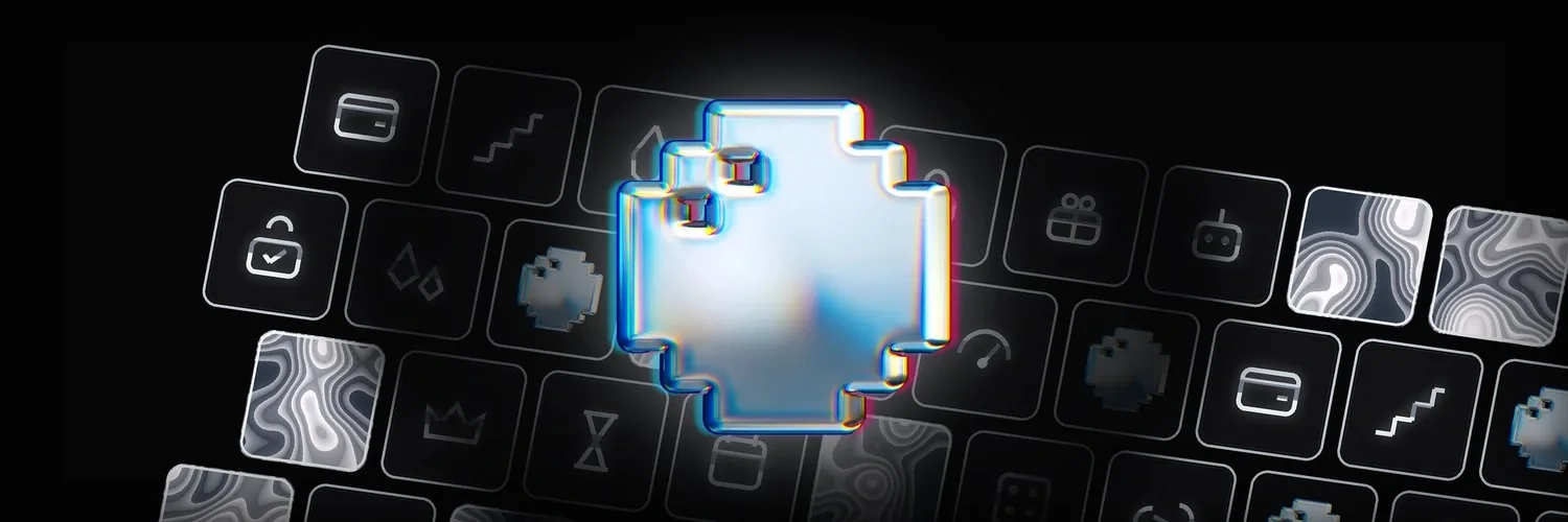 An iridescent metal emblem with pixel edges, surrounded by tiles showing padlocks, charts, a gift and a robot on a black background.