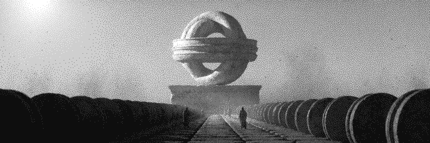 Anneaux sculptés gris au-dessus d’un socle, face à une petite silhouette dans un paysage géométrique en noir et blanc.