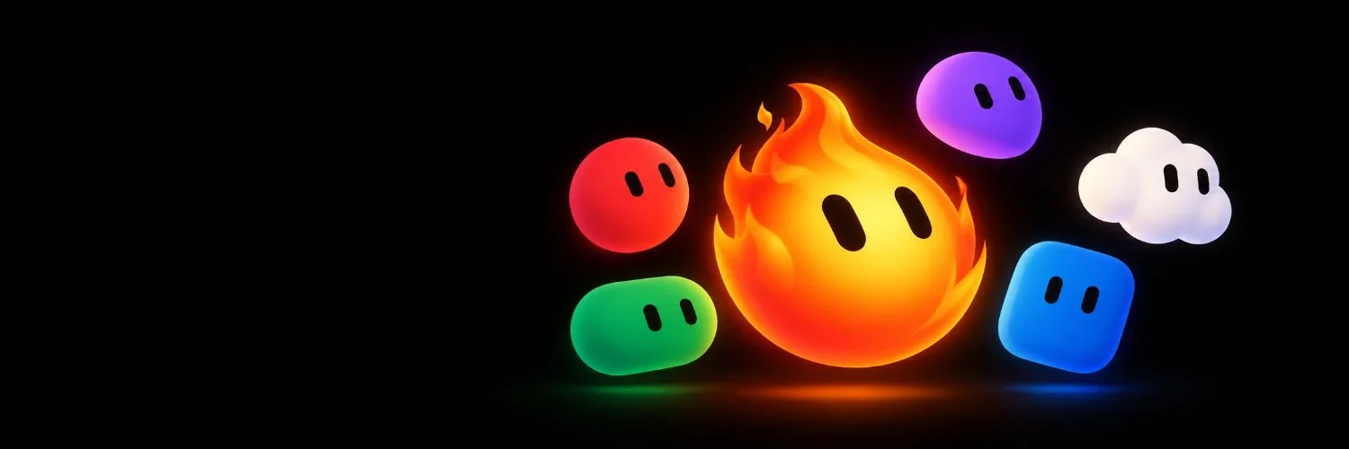 Flamme orange entourée de cinq mascottes colorées sur fond noir.