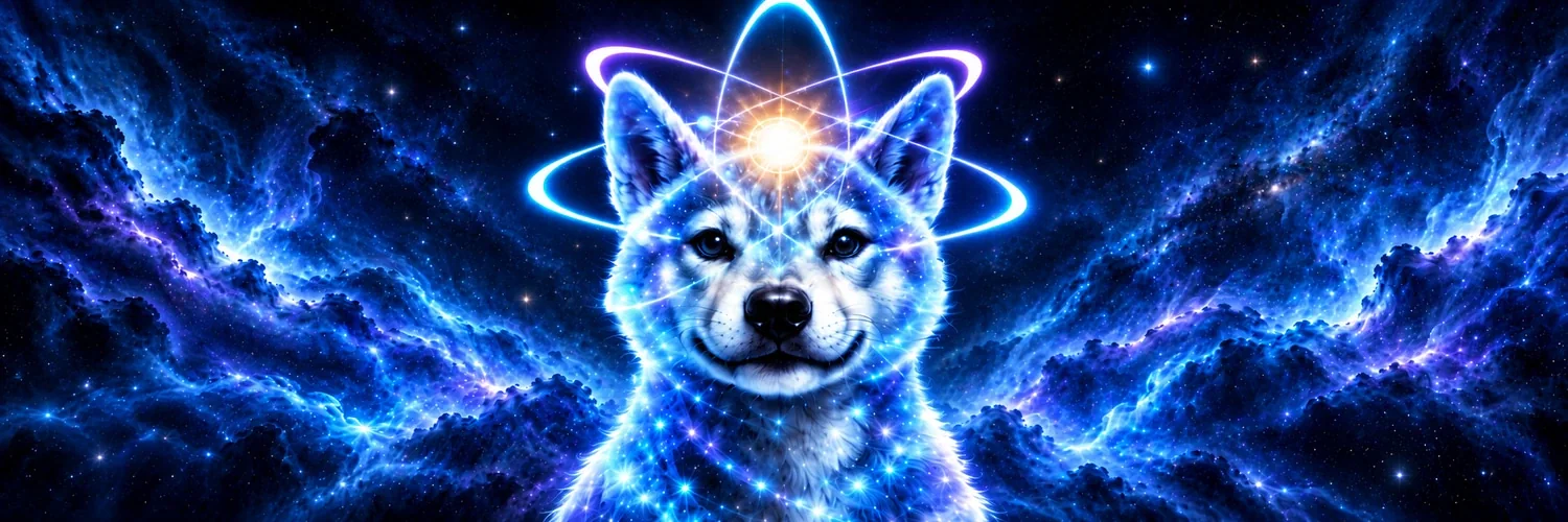 A white and blue shiba in a nebula, surrounded by glowing cyan and purple orbits.