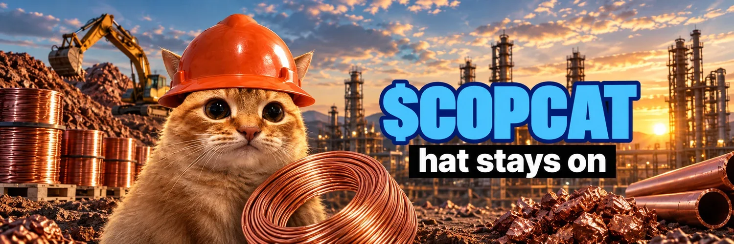 Orange cat wearing an orange hard hat in front of copper coils and an industrial site, with the slogan hat stays on.