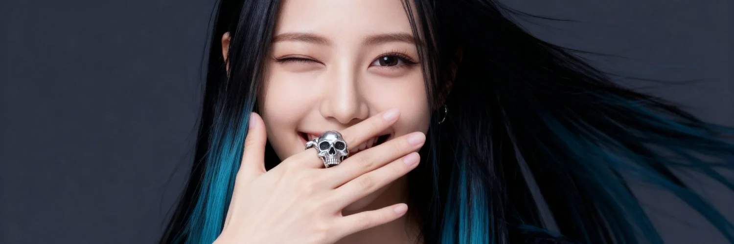 Portrait de la chanteuse numérique Yuri, avec une mèche turquoise, un clin d’œil et une bague en forme de crâne.