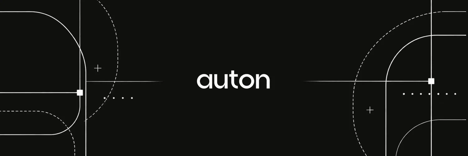 Black AUTON banner with a white lowercase name surrounded by curves and geometric markers.