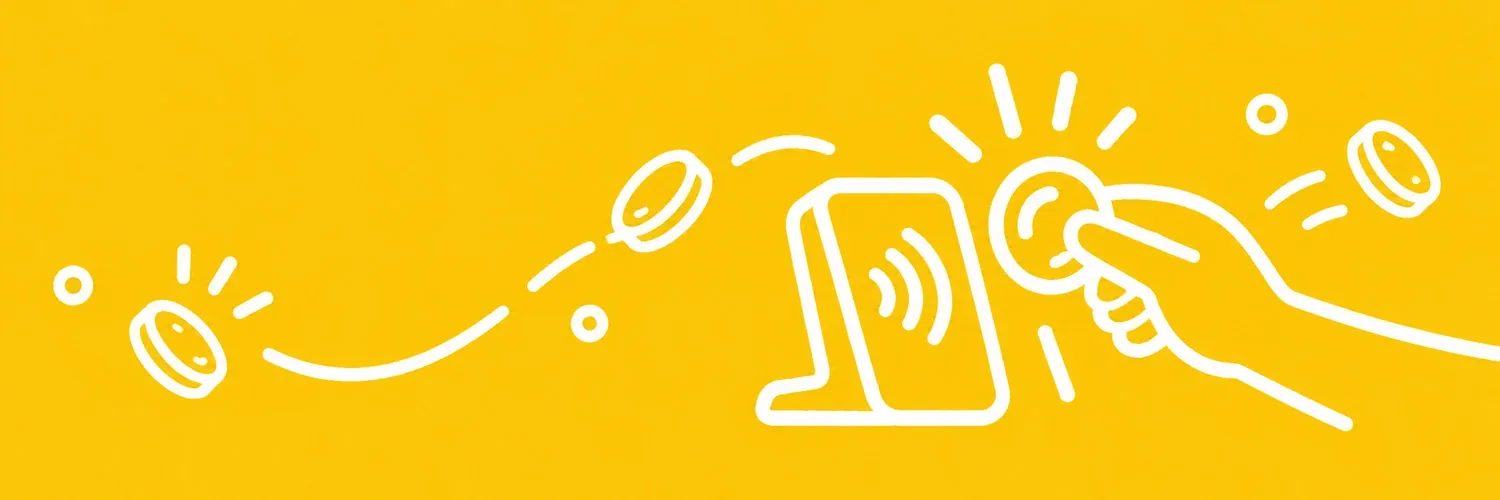 Illustration blanche d’un terminal de paiement et de pièces sur fond jaune, bannière bPay.