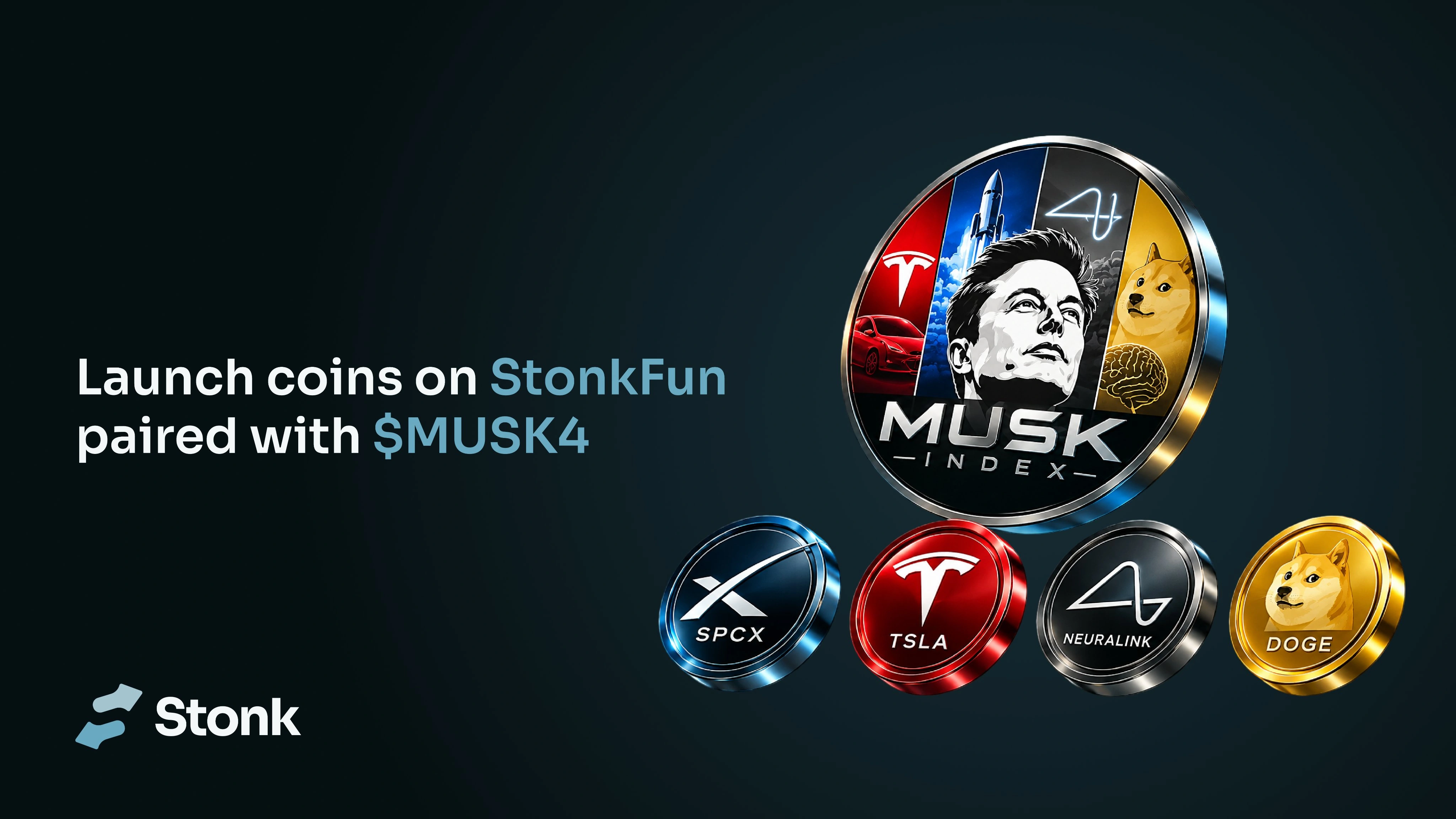 Promotional MUSK Index artwork featuring Elon Musk’s portrait and four medallions for SPCX, Tesla, Neuralink and Dogecoin.