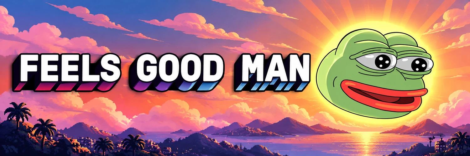 A smiling Pepe against a pink and orange sky with the words Feels Good Man.