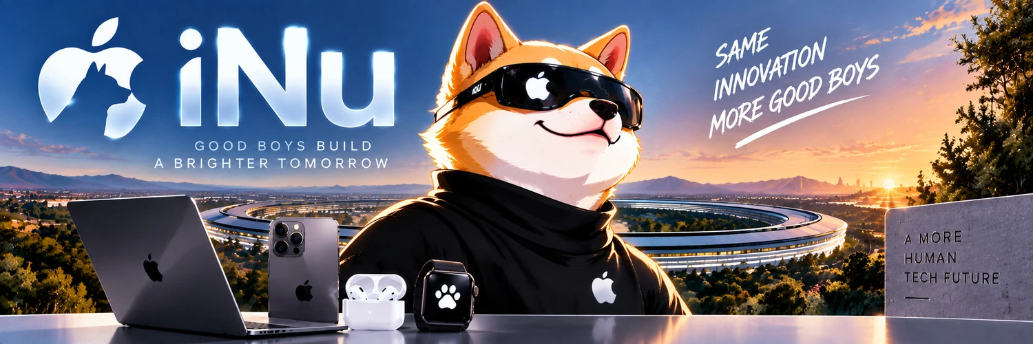 The iNu Shiba in a black turtleneck and glasses, surrounded by visual references to Apple products.