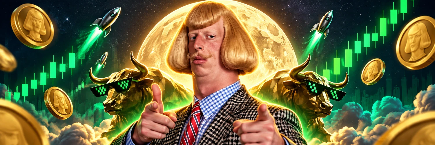 Jean Phil with blonde hair and a checked suit, in front of a moon, golden bulls and rockets.
