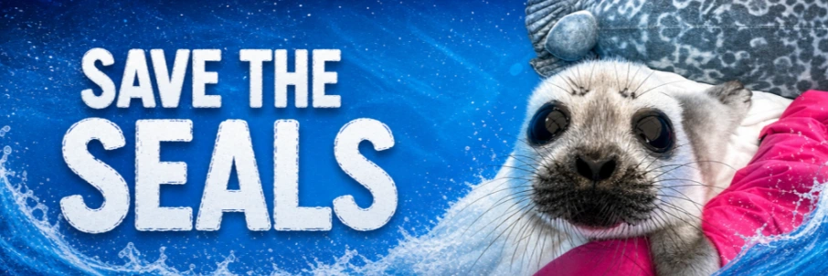 A young seal against a pink sleeve on blue, beside the words Save The Seals.