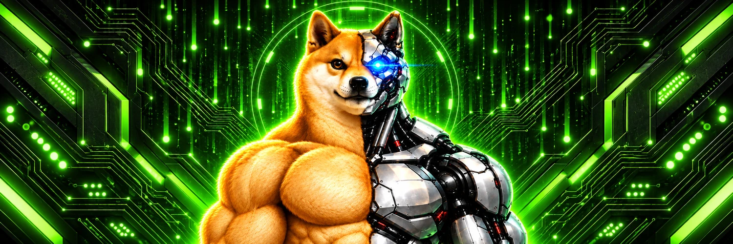 Shiba musclé, moitié chien et moitié robot à l’œil bleu, devant des circuits vert fluorescent.