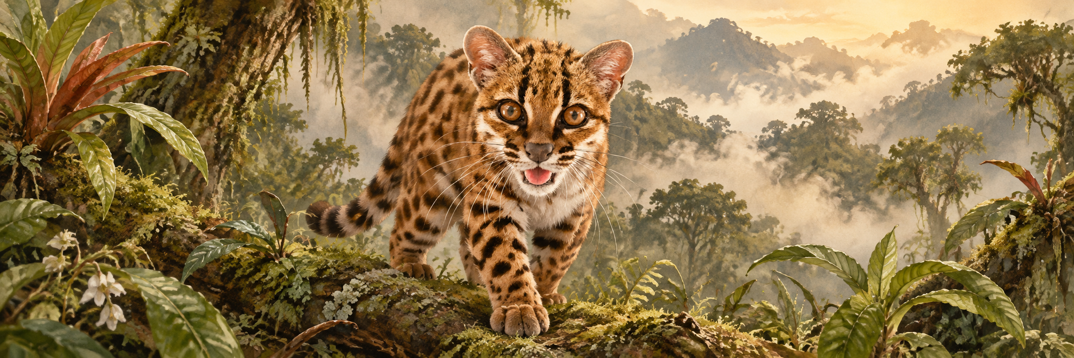 Illustration of a small spotted wild cat in a cloud forest, inspired by TiLCAYO’s artwork.