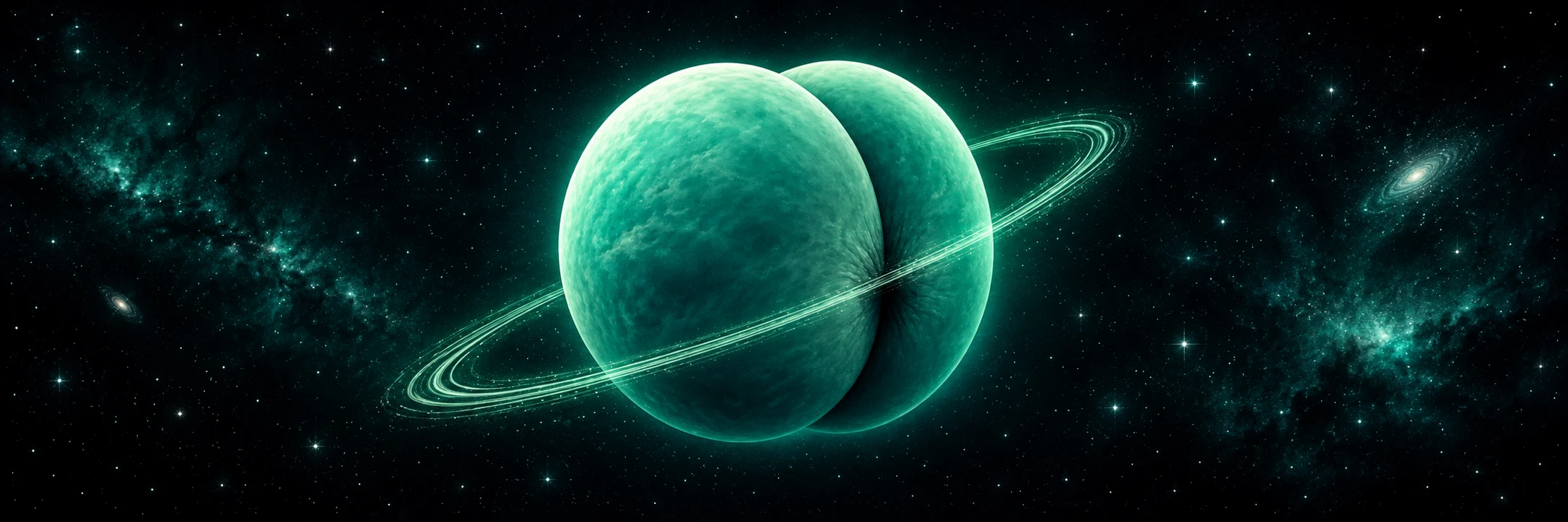 Planète turquoise humoristique entourée d’un anneau lumineux sur un fond étoilé.